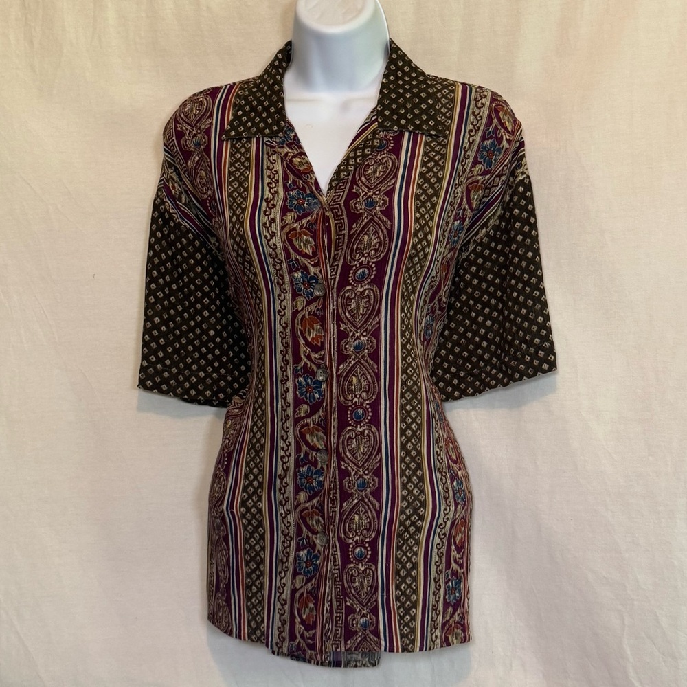 H-104 Jantzen Vintage Brown & Red Short Sleeve Button Down Blouse Size LP